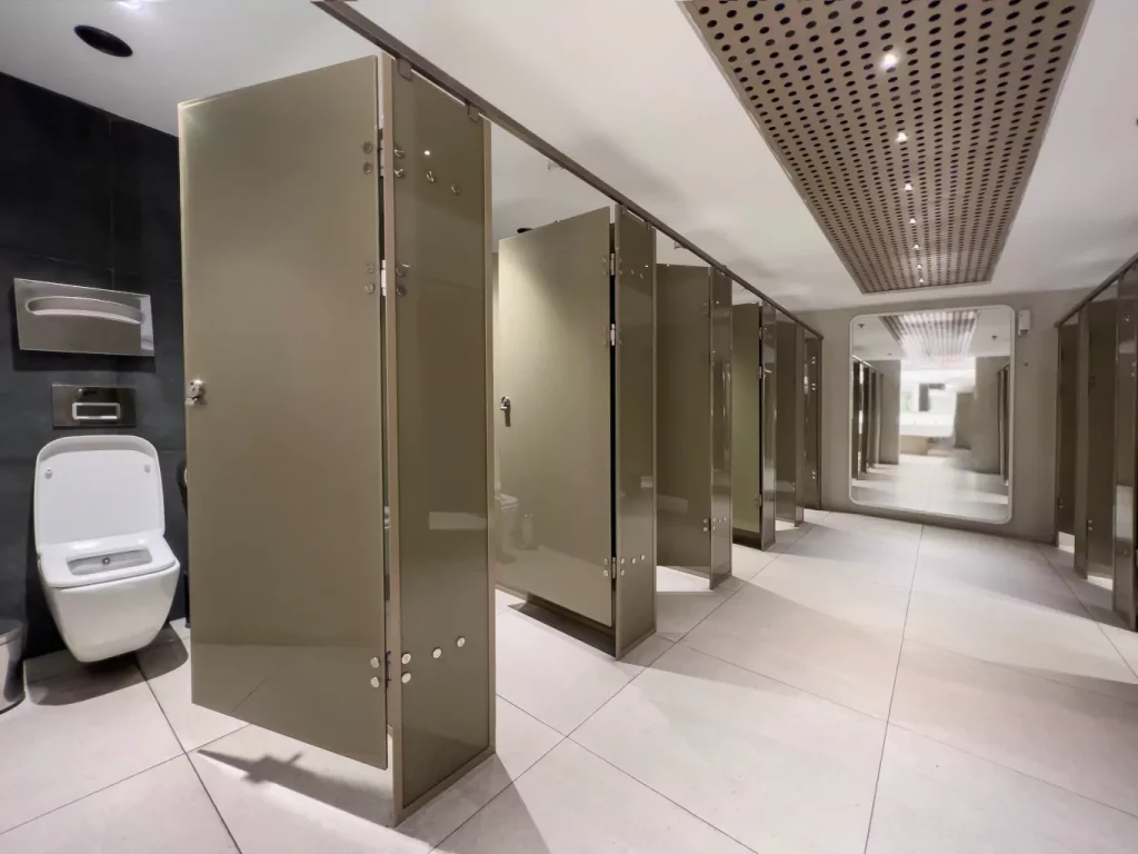 Row of public toilet or restroom doors